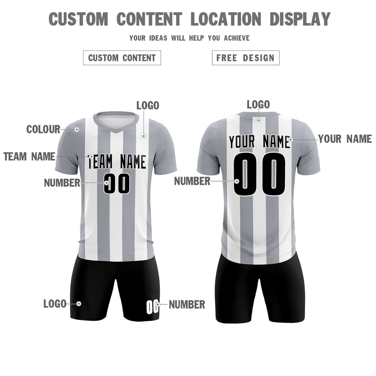 Custom White Gray Vertical Stripes Casual Outdoor Soccer Sets Jersey