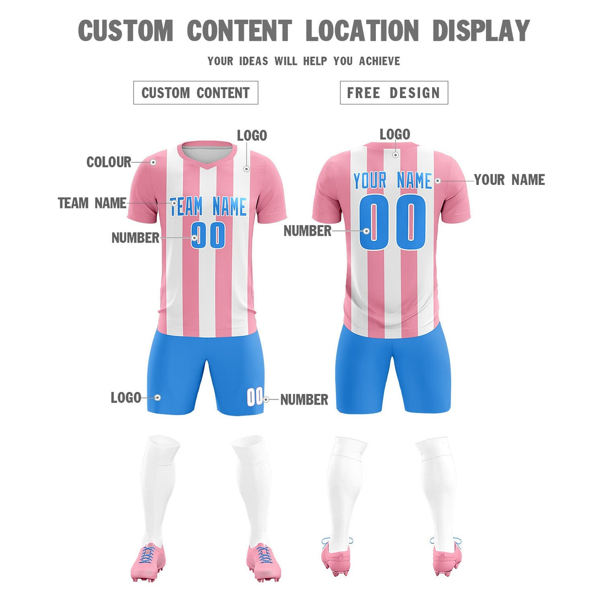 Custom White Light Pink Vertical Stripes Casual Outdoor Soccer Sets Jersey