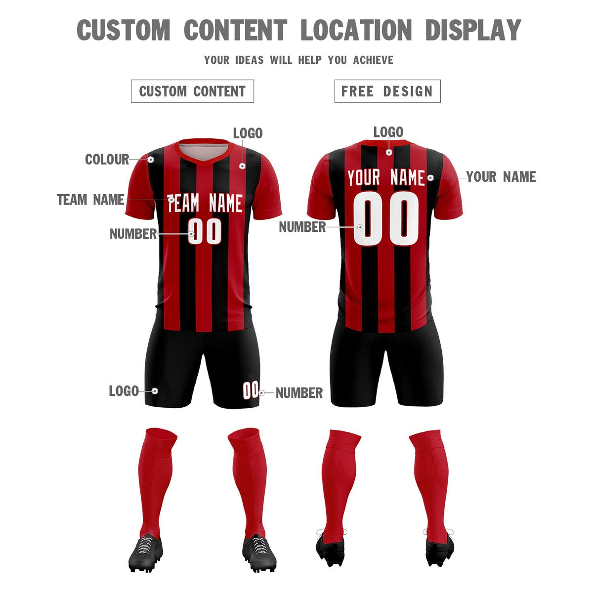 Custom Red Black Vertical Stripes Casual Outdoor Football Kits Jersey