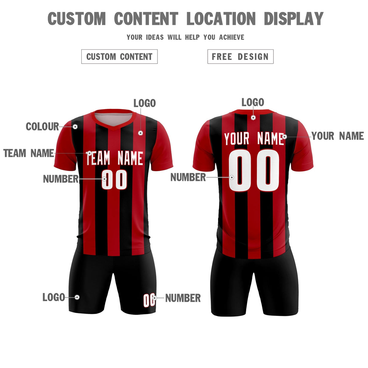 Custom Red Black Vertical Stripes Casual Outdoor Football Kits Jersey