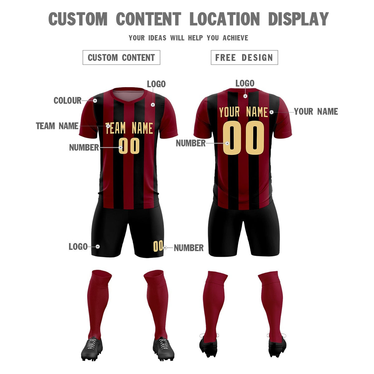Custom Crimson Black Vertical Stripes Casual Outdoor Football Kits Jersey