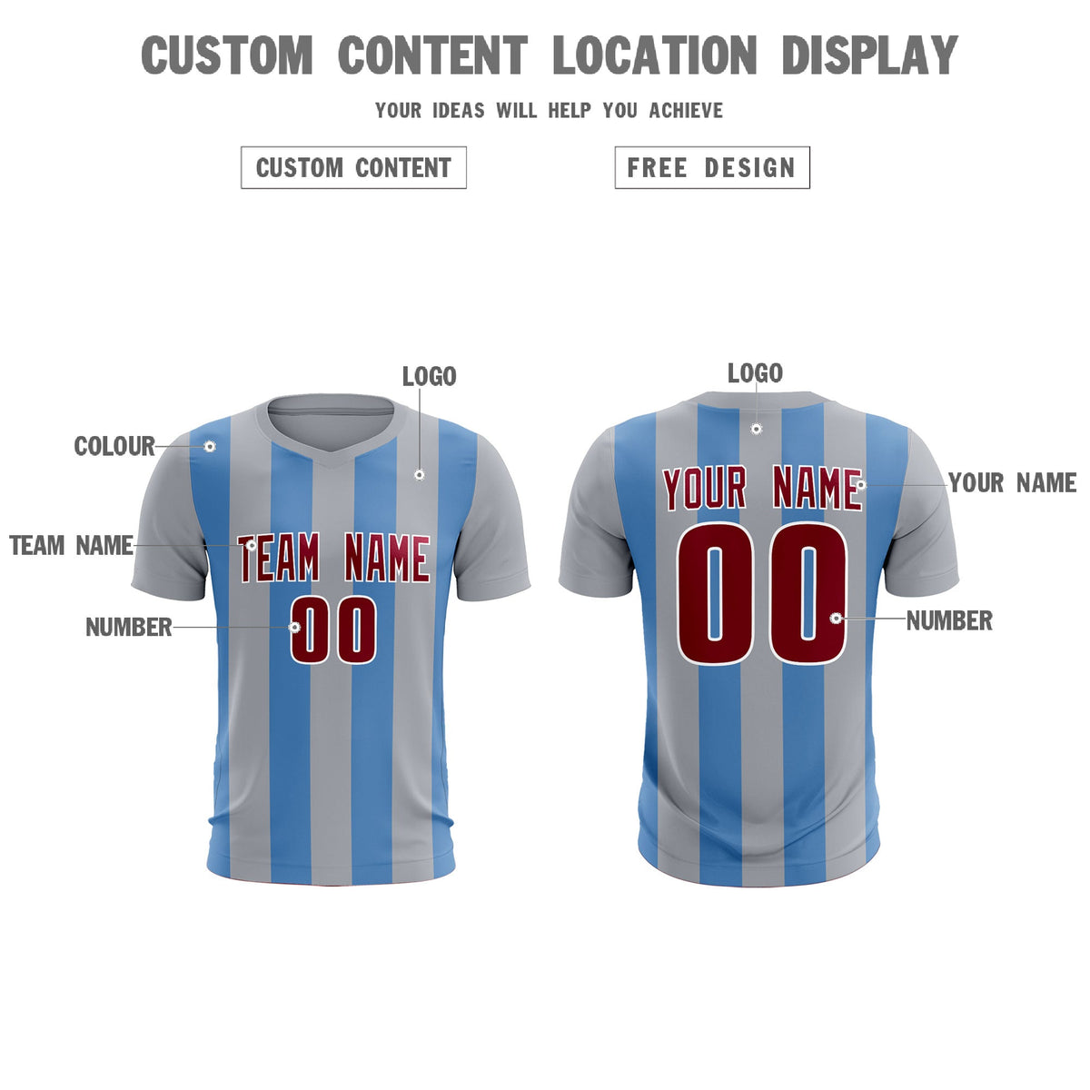 Custom Gray Light Blue Vertical Stripes Casual Outdoor Football Kits Jersey