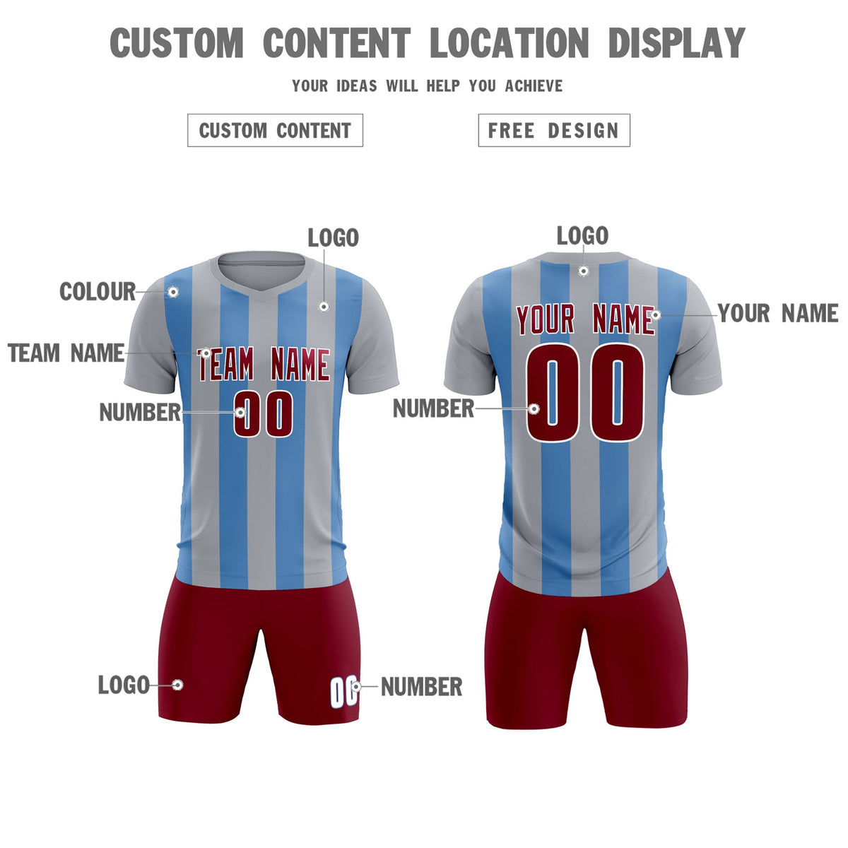Custom Gray Light Blue Vertical Stripes Casual Outdoor Soccer Sets Jersey