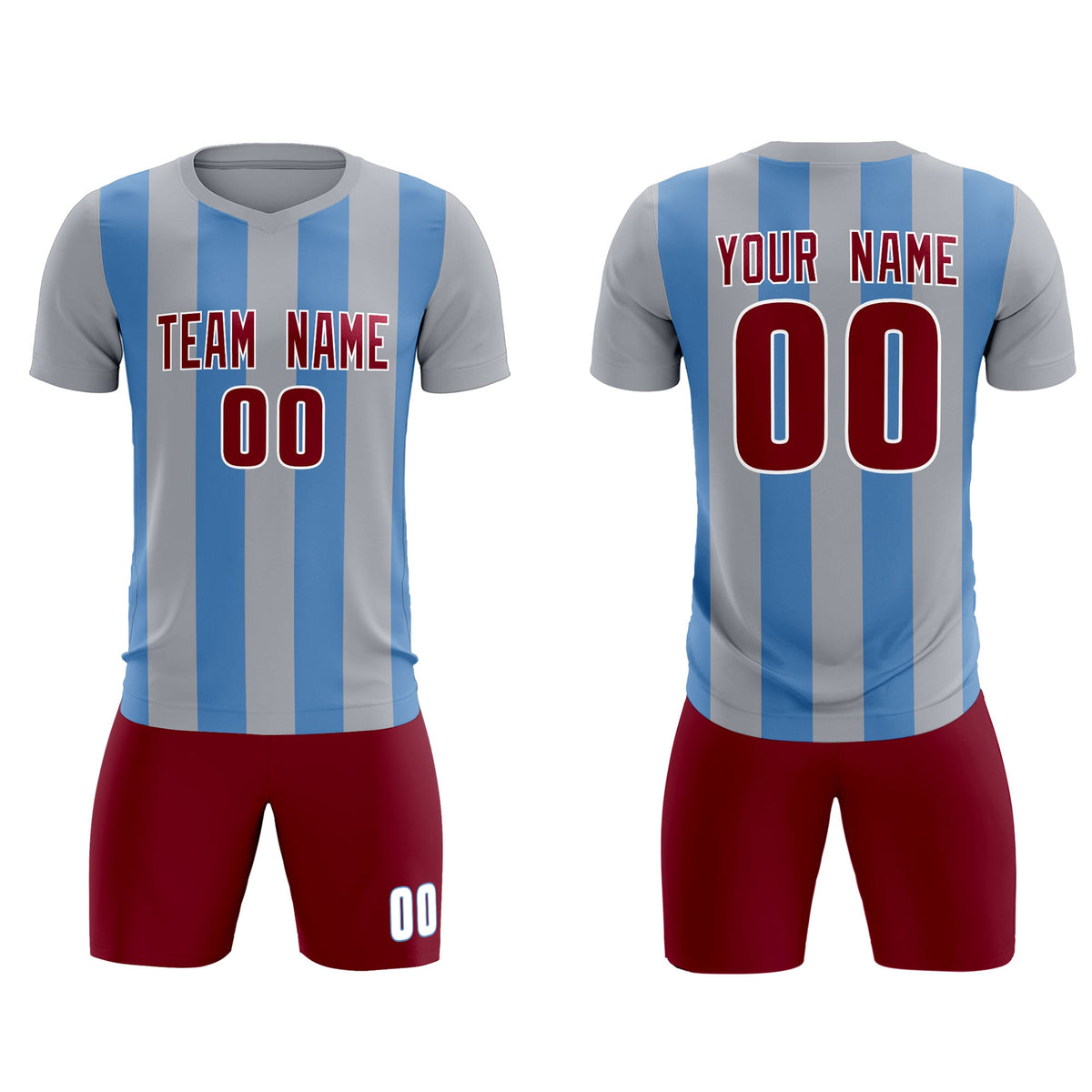 Custom Gray Light Blue Vertical Stripes Casual Outdoor Football Kits Jersey