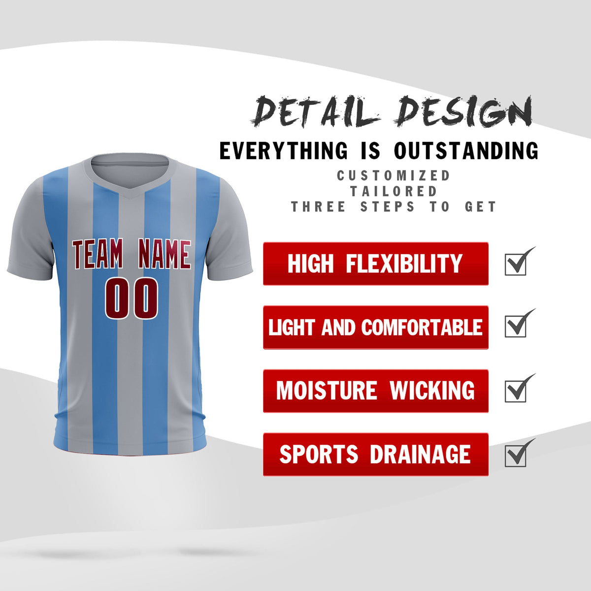 Custom Gray Light Blue Vertical Stripes Casual Outdoor Football Kits Jersey