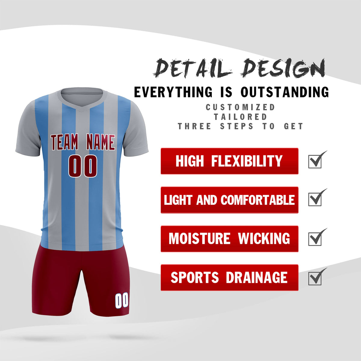 Custom Gray Light Blue Vertical Stripes Casual Outdoor Football Kits Jersey