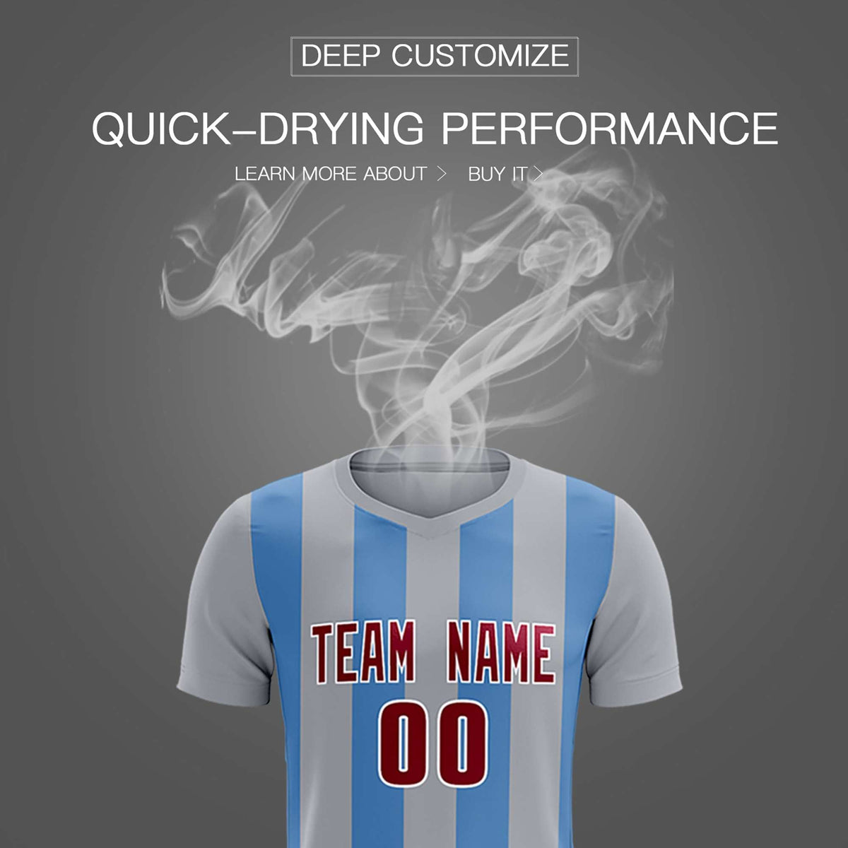 Custom Gray Light Blue Vertical Stripes Casual Outdoor Football Kits Jersey