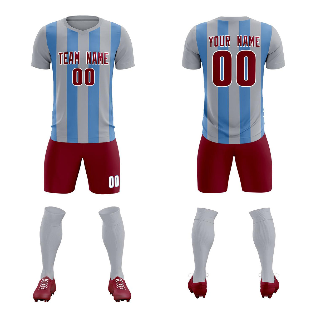 Custom Gray Light Blue Vertical Stripes Casual Outdoor Football Kits Jersey