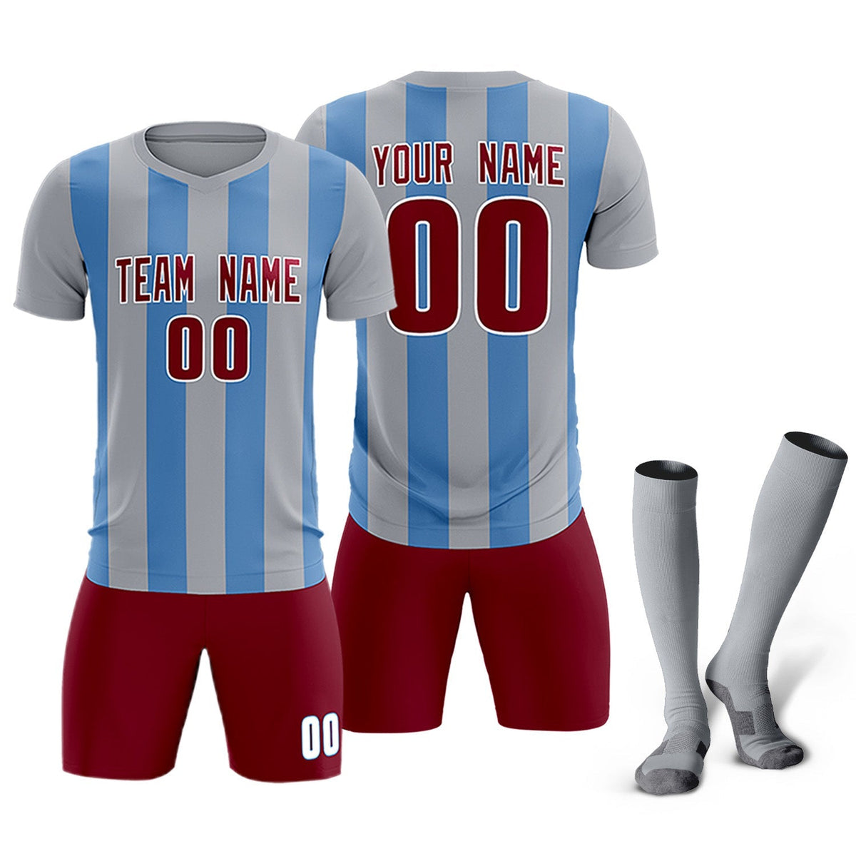 Custom Gray Light Blue Vertical Stripes Casual Outdoor Soccer Sets Jersey
