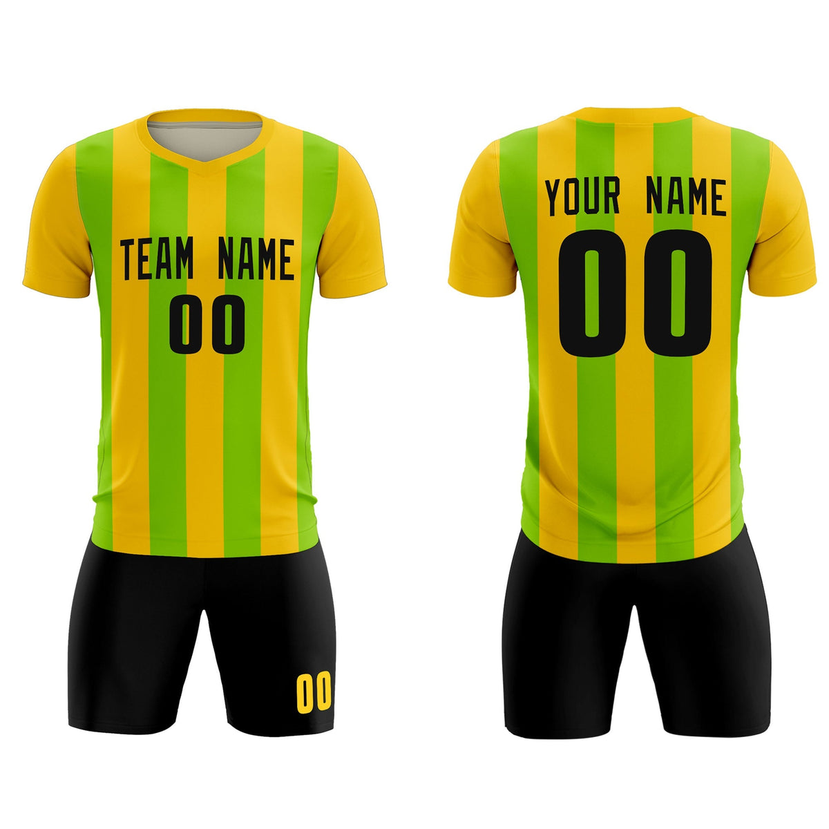 Custom Gold Neon Green Vertical Stripes Casual Outdoor Soccer Sets Jersey
