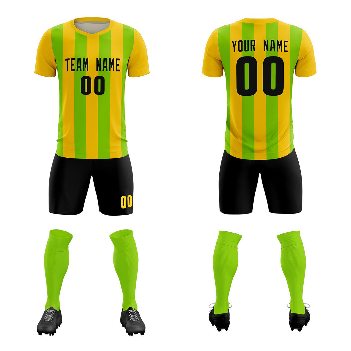 Custom Gold Neon Green Vertical Stripes Casual Outdoor Football Kits Jersey
