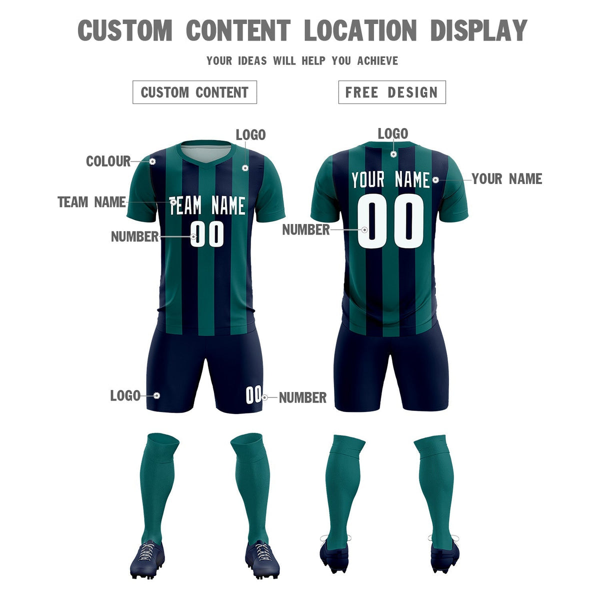 Custom Aqua Navy Vertical Stripes Casual Outdoor Football Kits Jersey