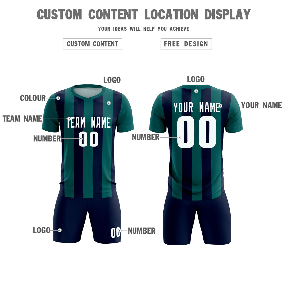 Custom Aqua Navy Vertical Stripes Casual Outdoor Soccer Sets Jersey