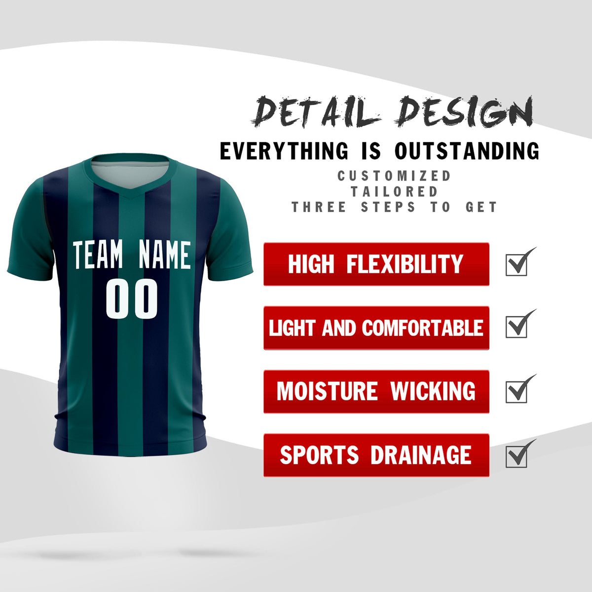Custom Aqua Navy Vertical Stripes Casual Outdoor Football Kits Jersey