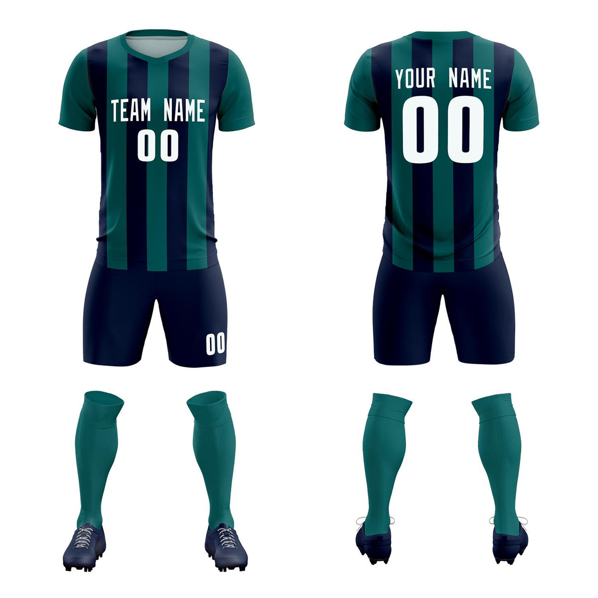 Custom Aqua Navy Vertical Stripes Casual Outdoor Football Kits Jersey