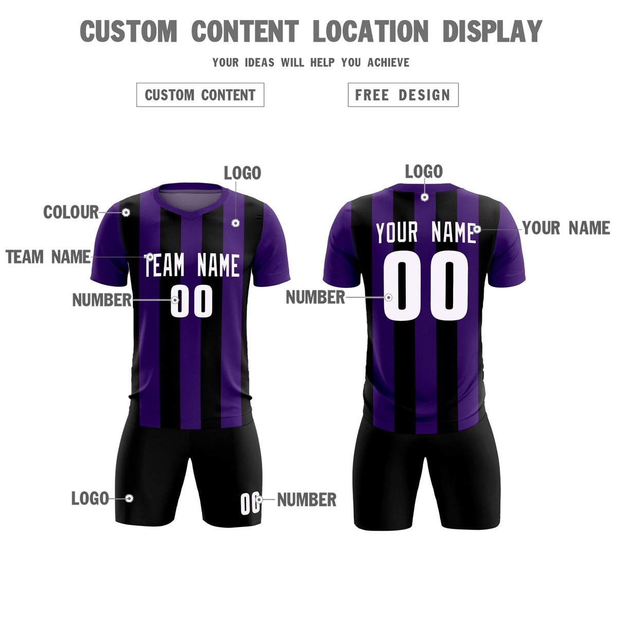 Custom Purple Black Vertical Stripes Casual Outdoor Football Kits Jersey