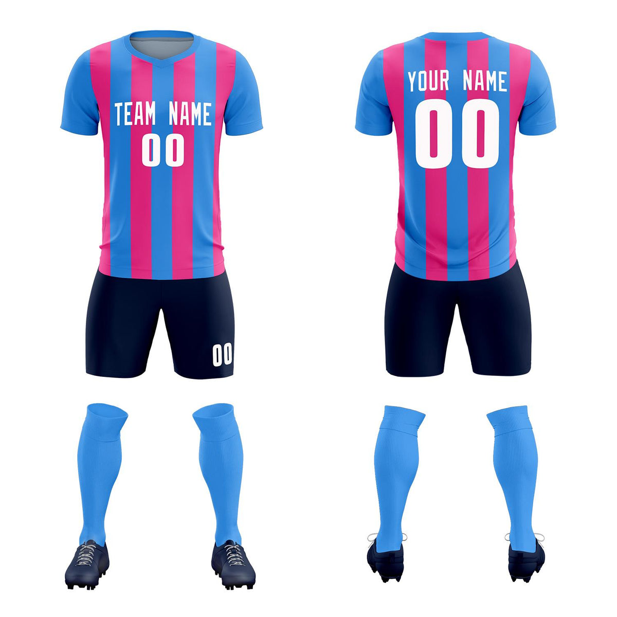 Custom Powder Blue Pink Vertical Stripes Casual Outdoor Soccer Sets Jersey