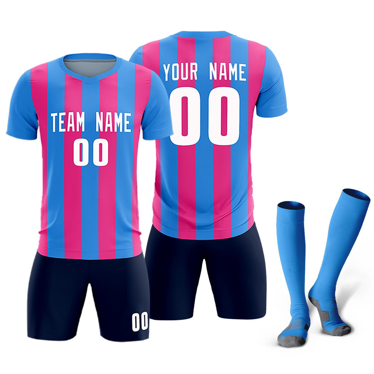 Custom Powder Blue Pink Vertical Stripes Casual Outdoor Football Kits Jersey