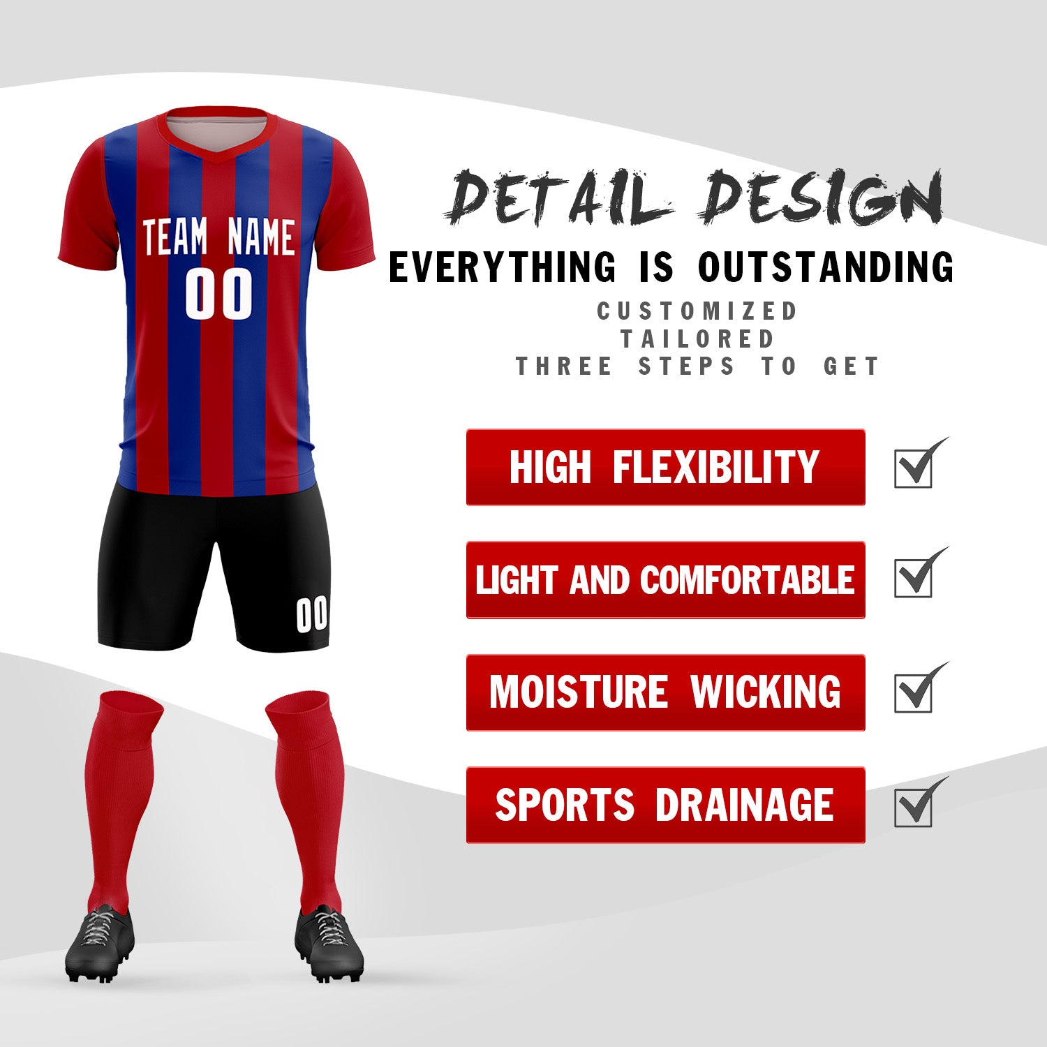 Custom Red Royal Vertical Stripes Casual Outdoor Soccer Sets Jersey