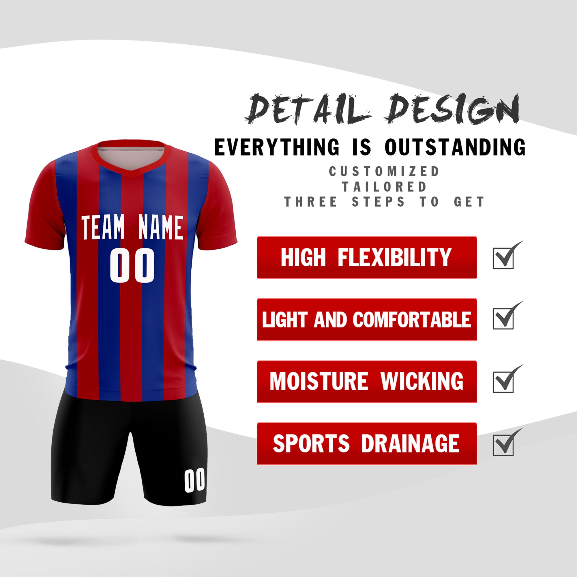 Custom Red Royal Vertical Stripes Casual Outdoor Soccer Sets Jersey
