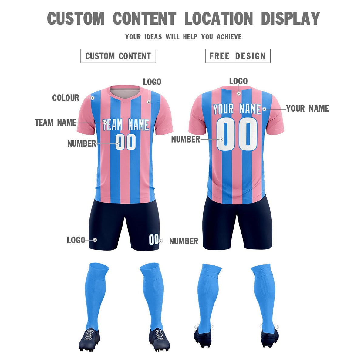 Custom Light Pink Powder Blue Vertical Stripes Casual Outdoor Football Kits Jersey