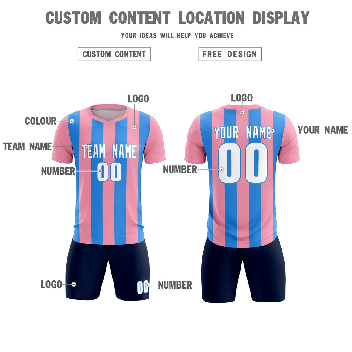 Custom Light Pink Powder Blue Vertical Stripes Casual Outdoor Football Kits Jersey