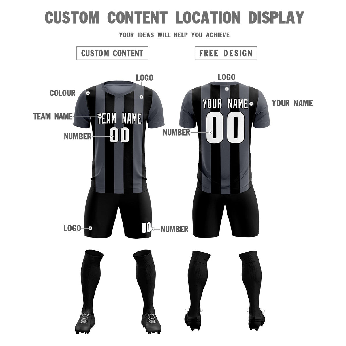 Custom Dark Gray Black Vertical Stripes Casual Outdoor Football Kits Jersey