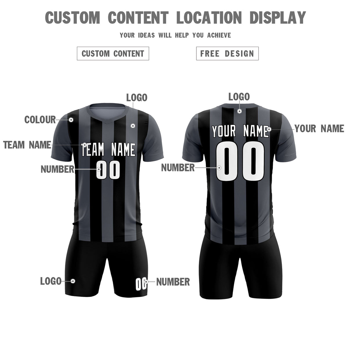 Custom Dark Gray Black Vertical Stripes Casual Outdoor Football Kits Jersey