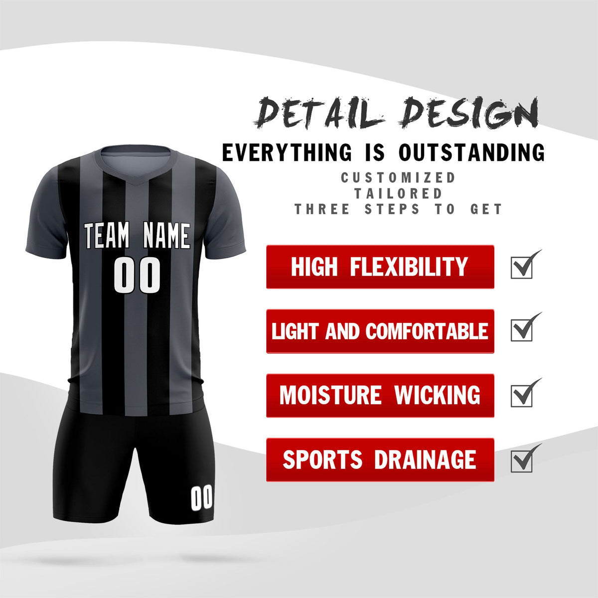 Custom Dark Gray Black Vertical Stripes Casual Outdoor Football Kits Jersey