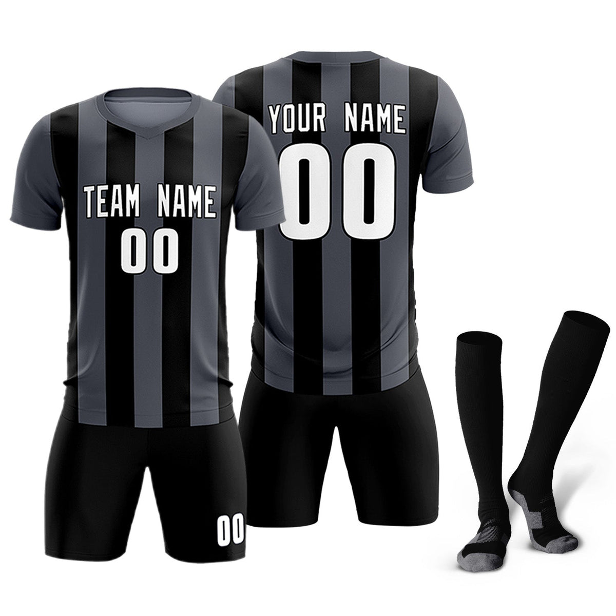 Custom Dark Gray Black Vertical Stripes Casual Outdoor Football Kits Jersey