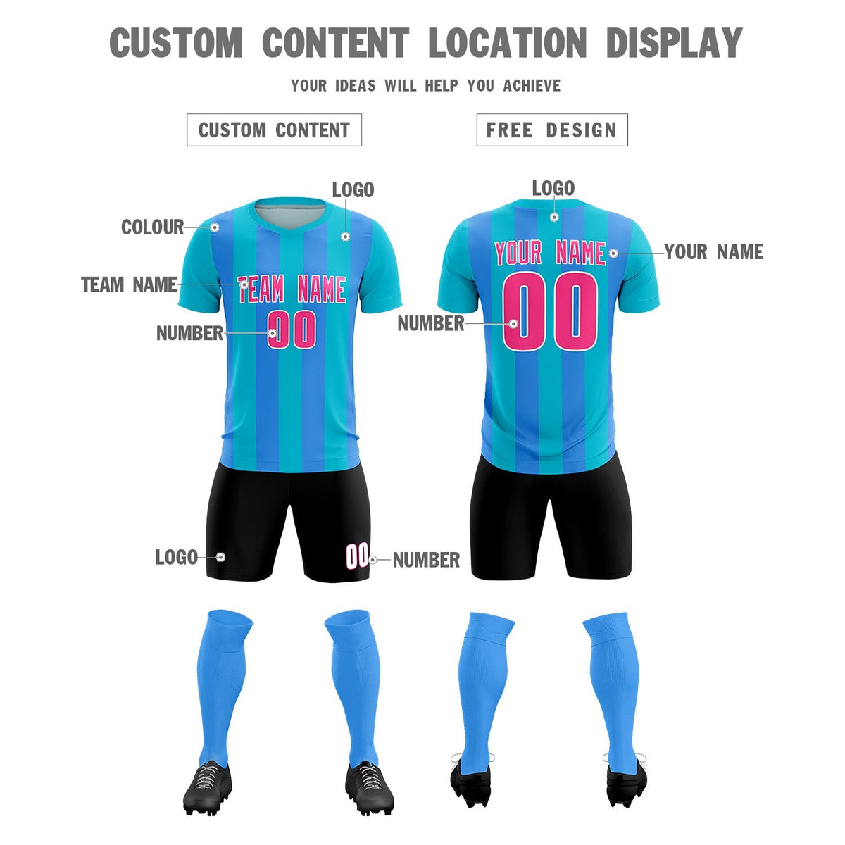 Custom Sky Blue Powder Blue Vertical Stripes Casual Outdoor Football Kits Jersey