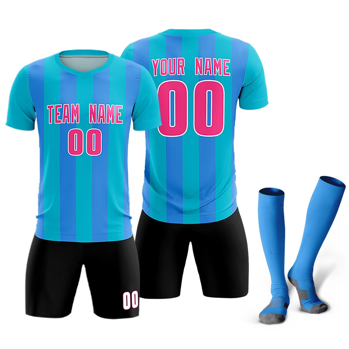 Custom Sky Blue Powder Blue Vertical Stripes Casual Outdoor Football Kits Jersey