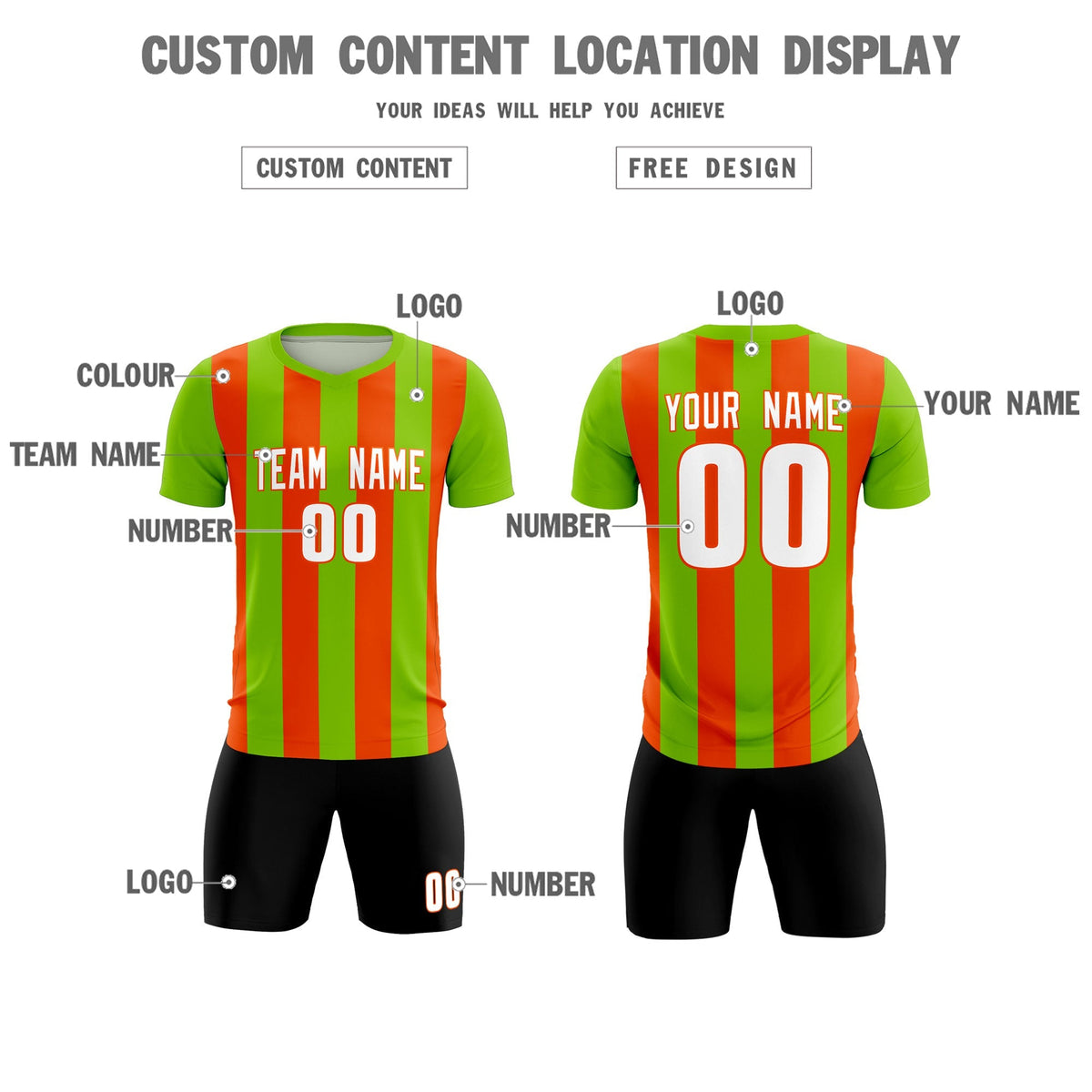 Custom Neon Green Orange Vertical Stripes Casual Outdoor Soccer Sets Jersey