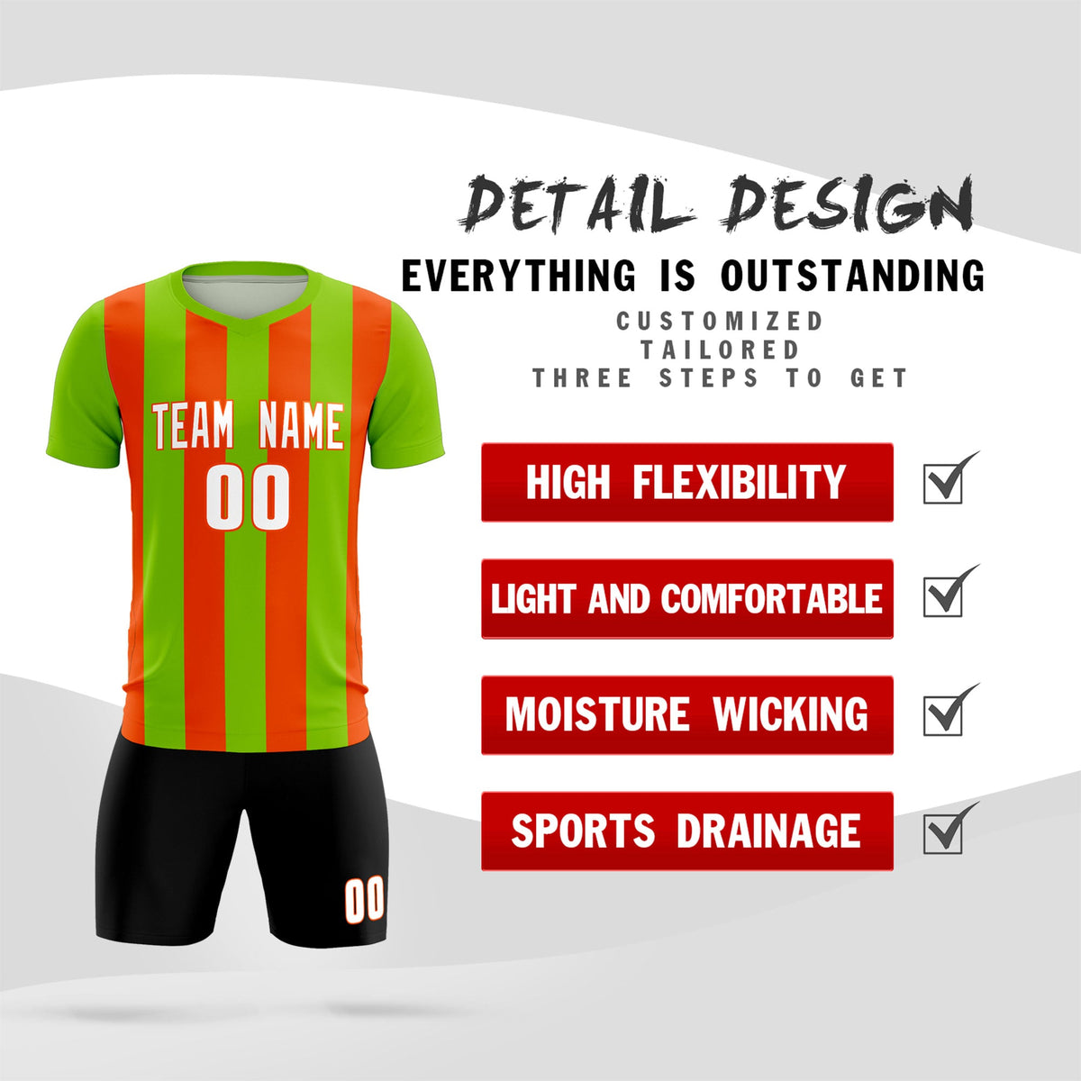 Custom Neon Green Orange Vertical Stripes Casual Outdoor Football Kits Jersey