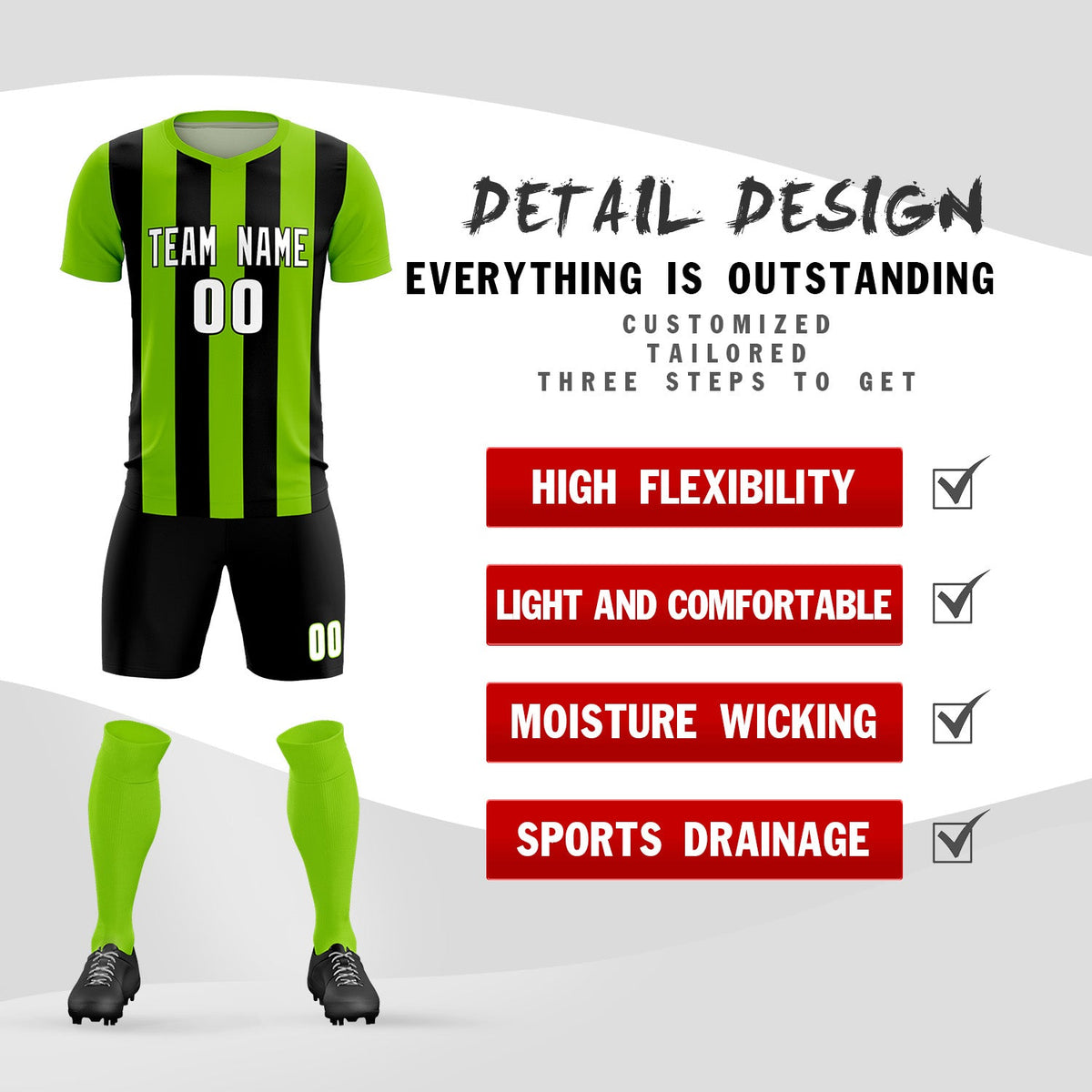 Custom Neon Green Black Vertical Stripes Casual Outdoor Football Kits Jersey