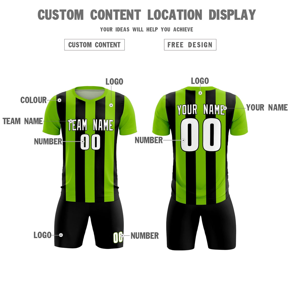 Custom Neon Green Black Vertical Stripes Casual Outdoor Football Kits Jersey