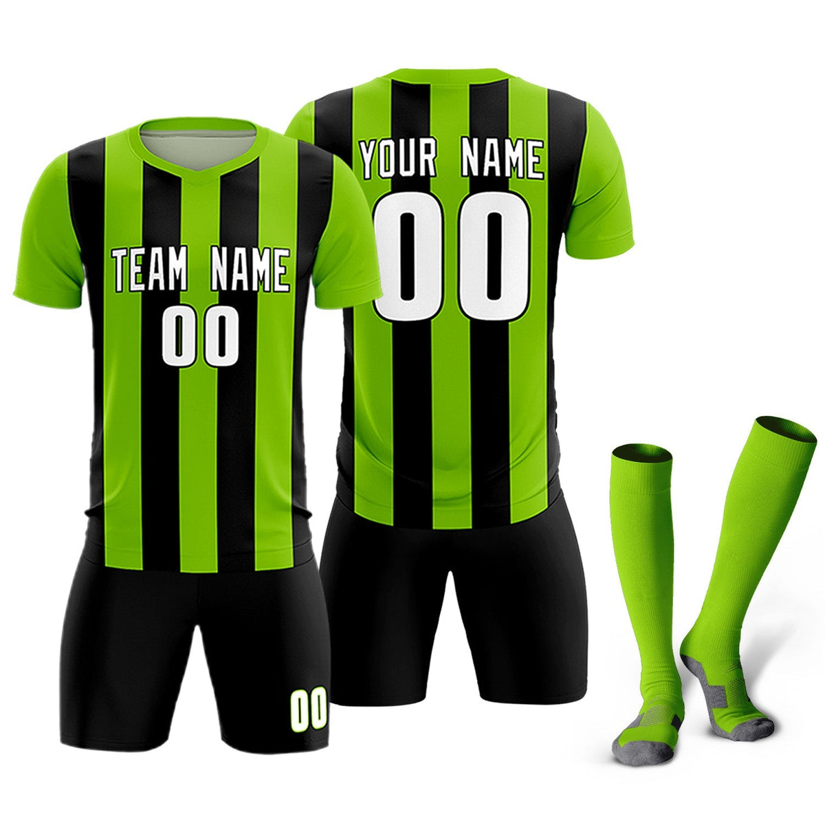 Custom Neon Green Black Vertical Stripes Casual Outdoor Football Kits Jersey