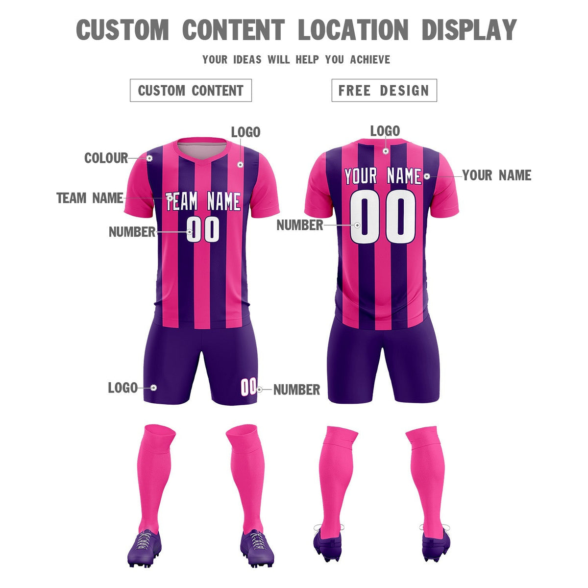 Custom Pink Purple Vertical Stripes Casual Outdoor Soccer Sets Jersey