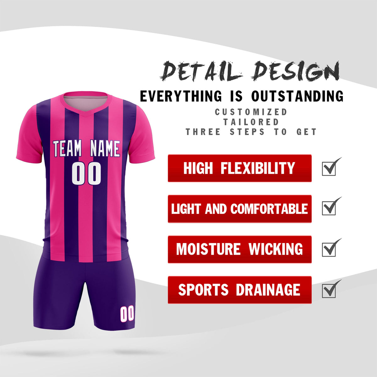 Custom Pink Purple Vertical Stripes Casual Outdoor Football Kits Jersey
