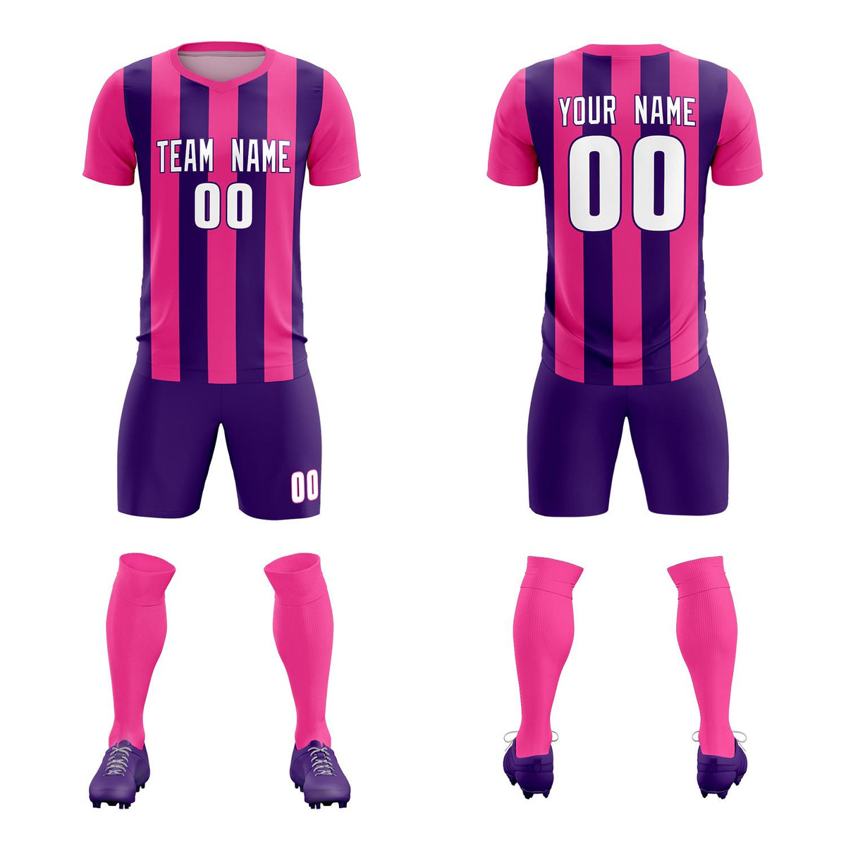 Custom Pink Purple Vertical Stripes Casual Outdoor Soccer Sets Jersey
