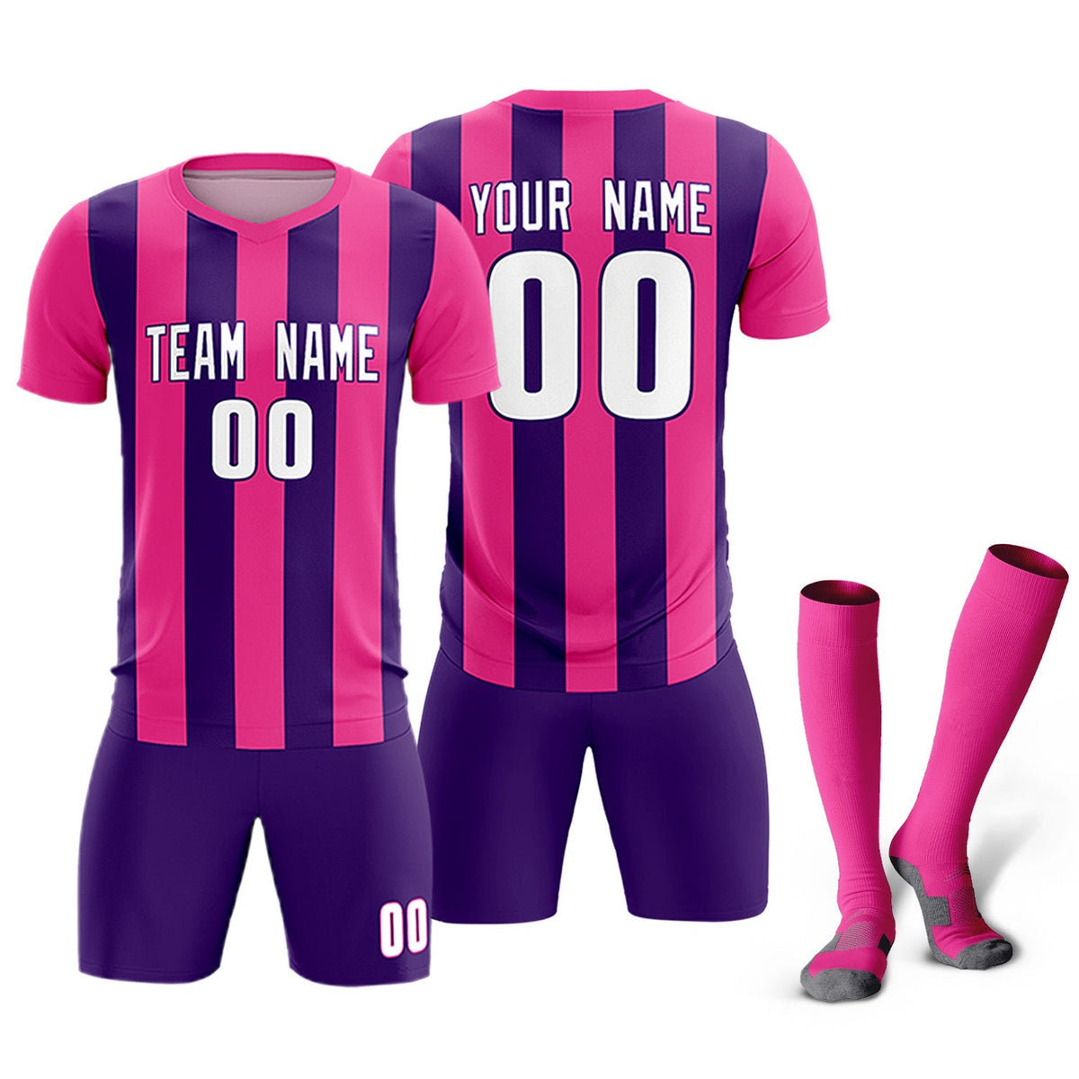 Custom Pink Purple Vertical Stripes Casual Outdoor Soccer Sets Jersey