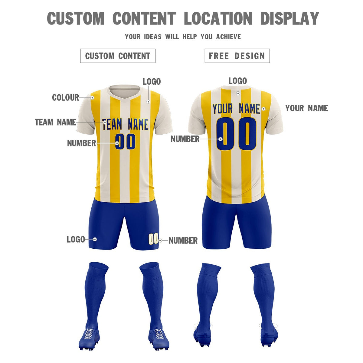 Custom Cream Gold Vertical Stripes Casual Outdoor Football Kits Jersey