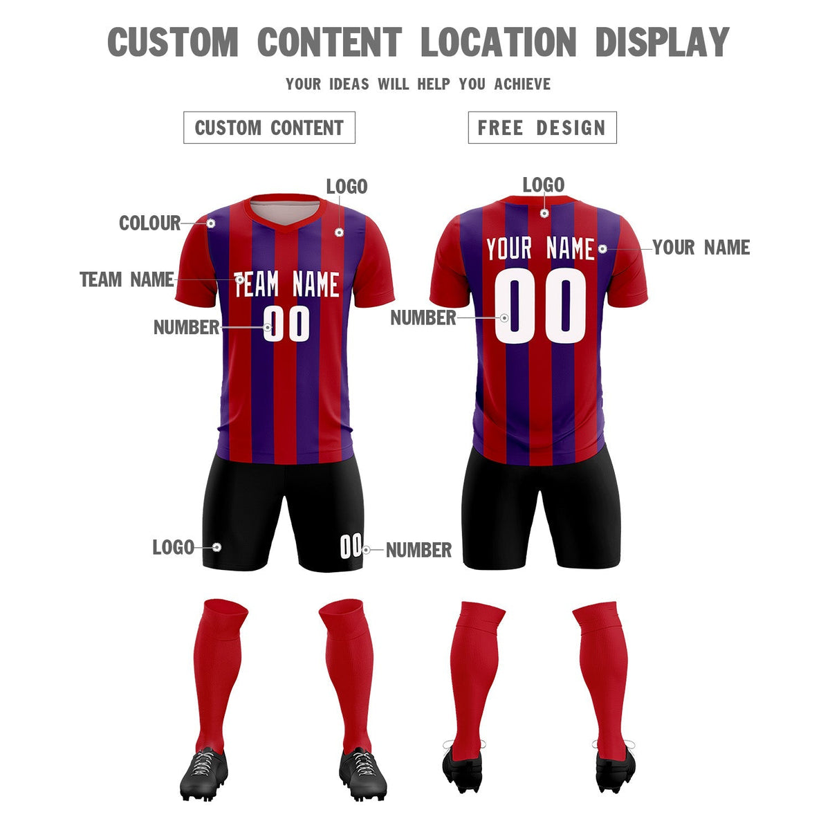 Custom Red Purple Vertical Stripes Casual Outdoor Football Kits Jersey