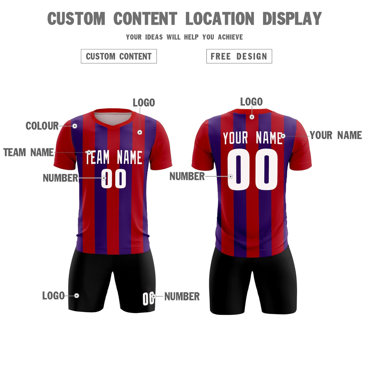 Custom Red Purple Vertical Stripes Casual Outdoor Football Kits Jersey
