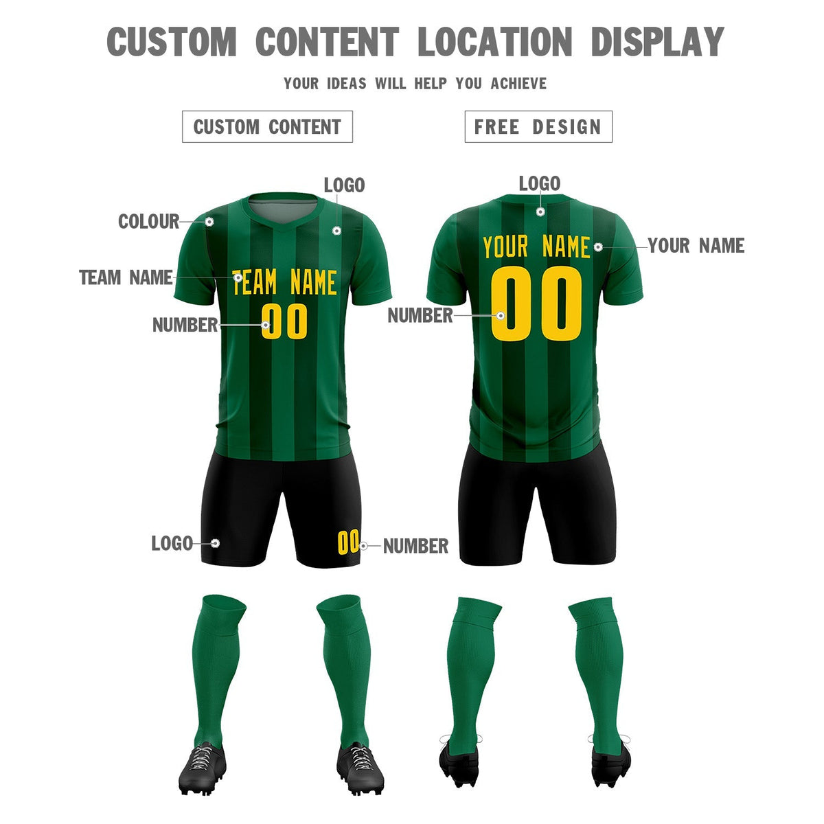 Custom Kelly Green Green Vertical Stripes Casual Outdoor Football Kits Jersey