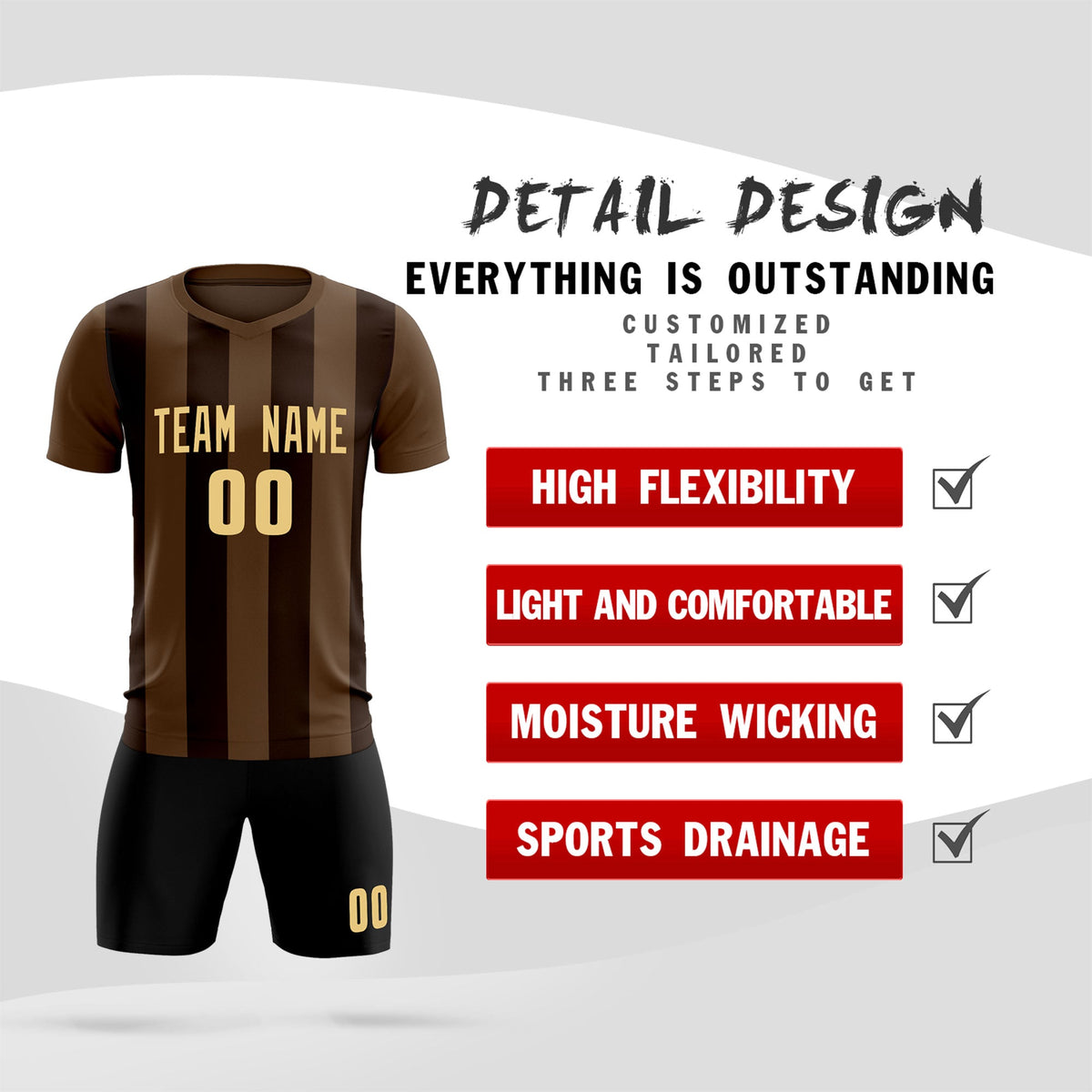 Custom Light Brown Brown Vertical Stripes Casual Outdoor Soccer Sets Jersey