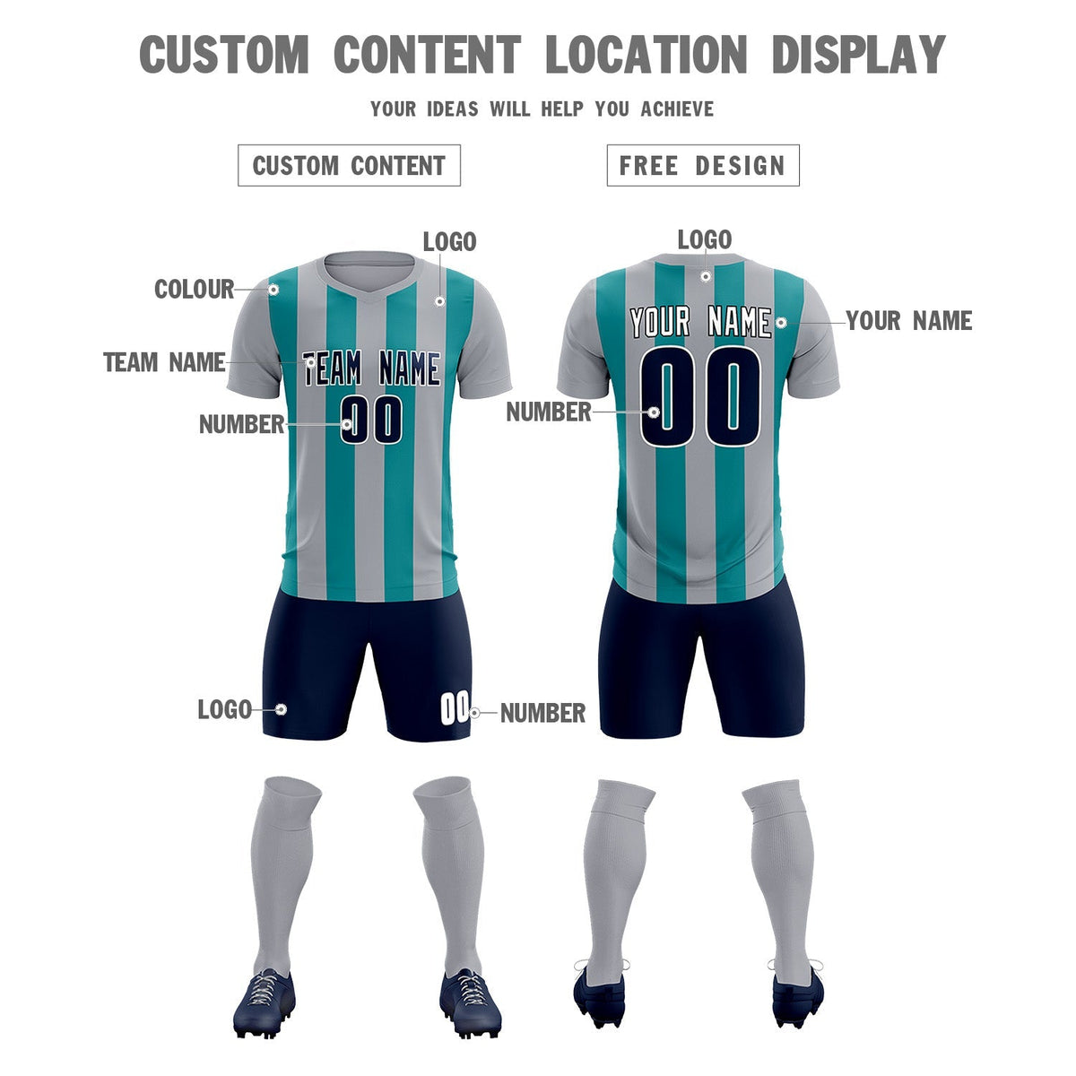 Custom Gray Aqua Vertical Stripes Casual Outdoor Football Kits Jersey