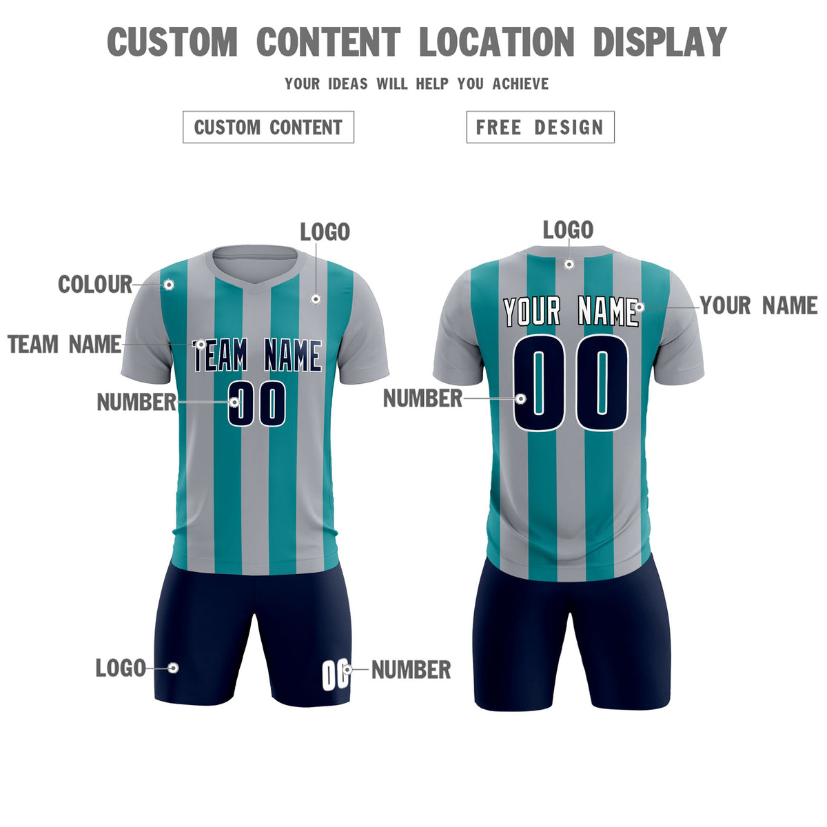 Custom Gray Aqua Vertical Stripes Casual Outdoor Football Kits Jersey