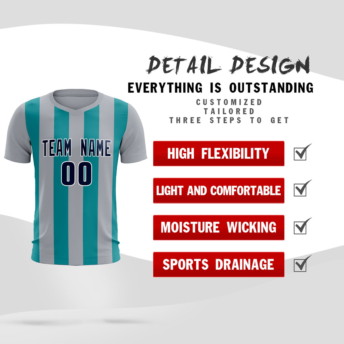 Custom Gray Aqua Vertical Stripes Casual Outdoor Football Kits Jersey
