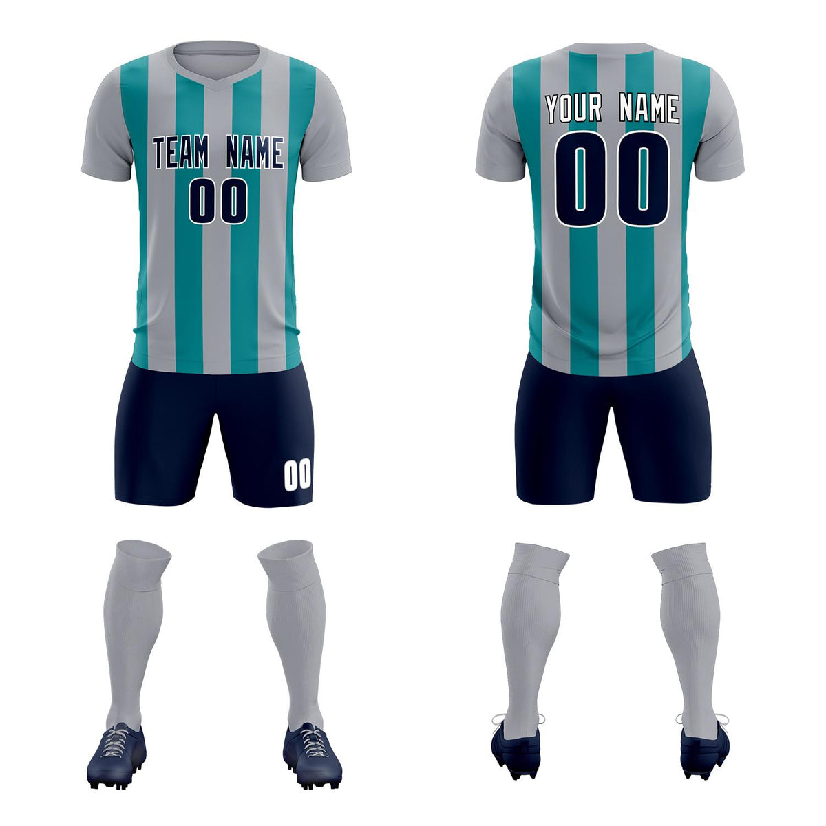 Custom Gray Aqua Vertical Stripes Casual Outdoor Football Kits Jersey